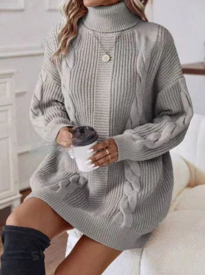 Ingvn  New Autumn Winter Solid Color High Collar Long Sleeve Hip-covered Sweater Women's Dress