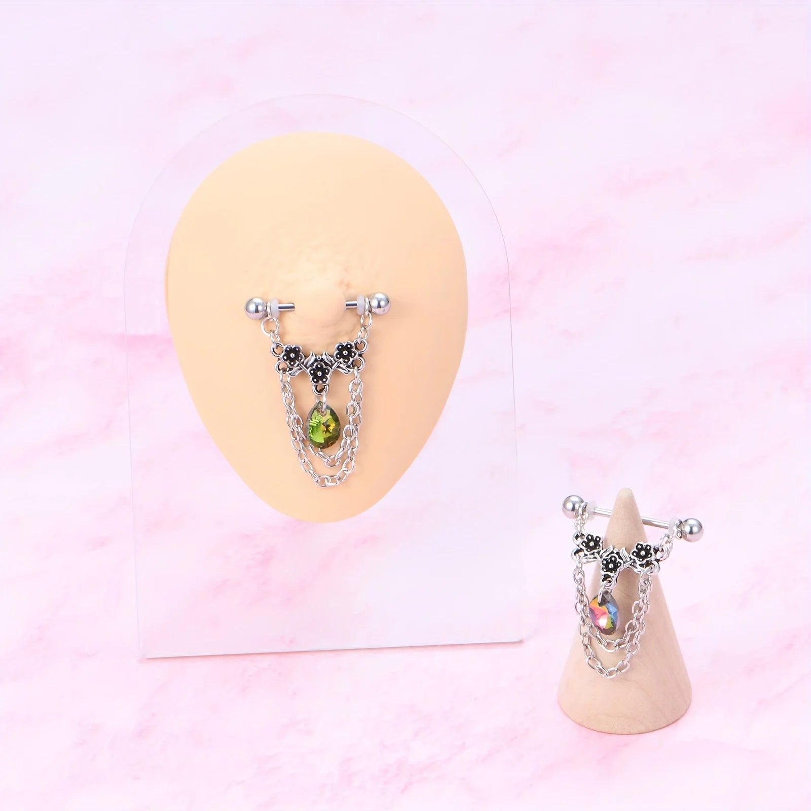 Ingvn  1pair Stainless Steel Nipple Rings, Nipple Barbell With Chain CZ, Nipple Piercing Jewelry