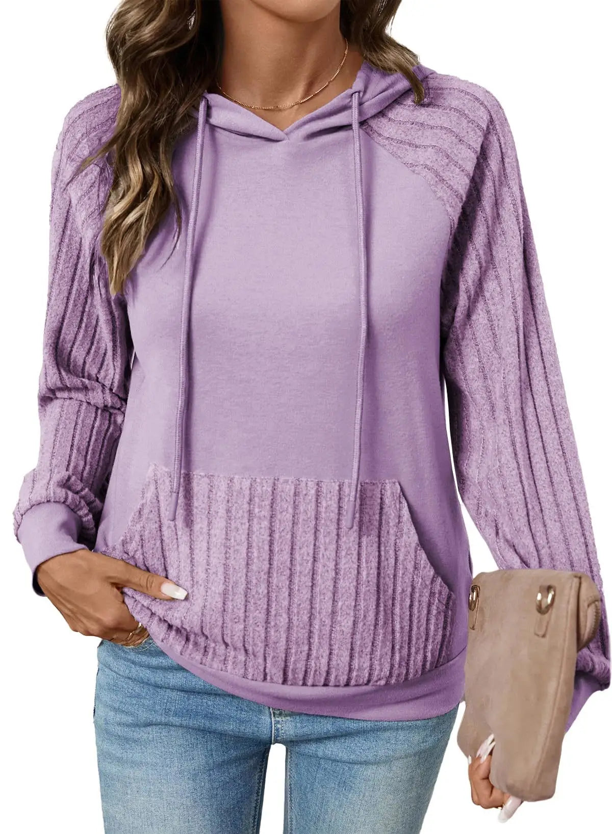Ingvn - Women Early Autumn New Style Pocket Pullover Hooded Patchwork Thin Hoodie Casual Versatile Pullover Long Sleeve Top