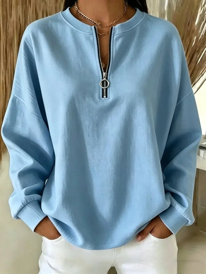 Ingvn - Women Round Neck Half Zip Sweatshirt Long Sleeve Loose Pullover Casual Fall Daily Top