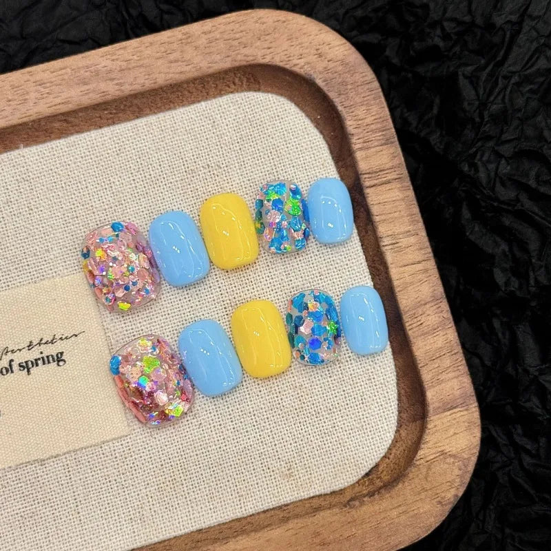 Ingvn  10pcs Handmade Artificial Press on Nails Sequins Simple Multicolor False Square Nails Spring Summer Fake Nails Removable