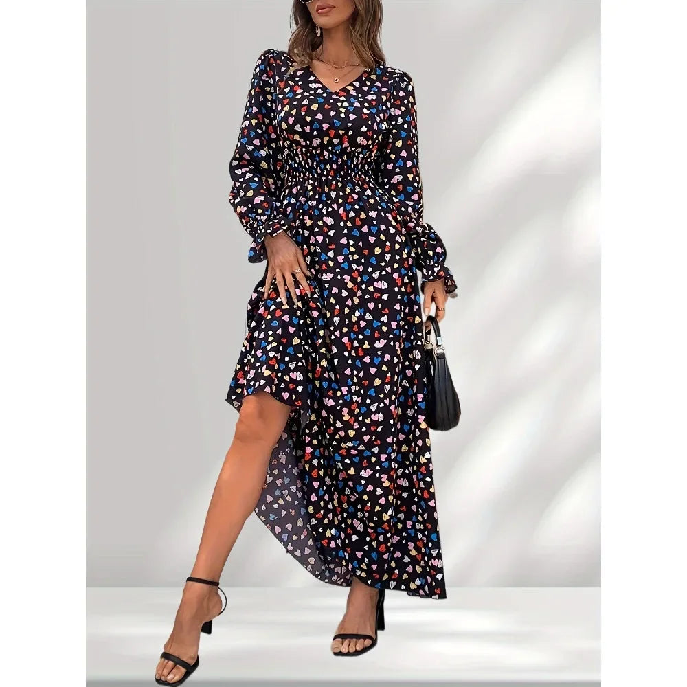 Ingvn  Fashion Floral Printed Long Party Dress For Women V-neck Long Sleeved Casual Elegant Maxi Dress
