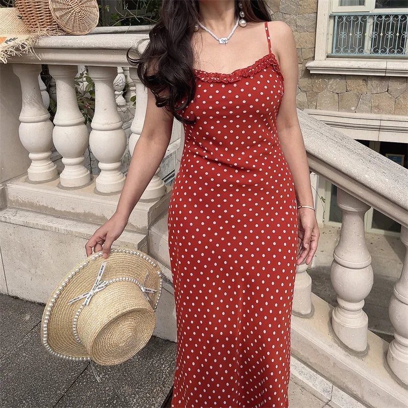 Ingvn  Summer Spring Polka Dot Wooden  Long Belted Halter Neck Gown Women's Holiday Strap Dress Fairy Skirt Style No Sleeve U Neck