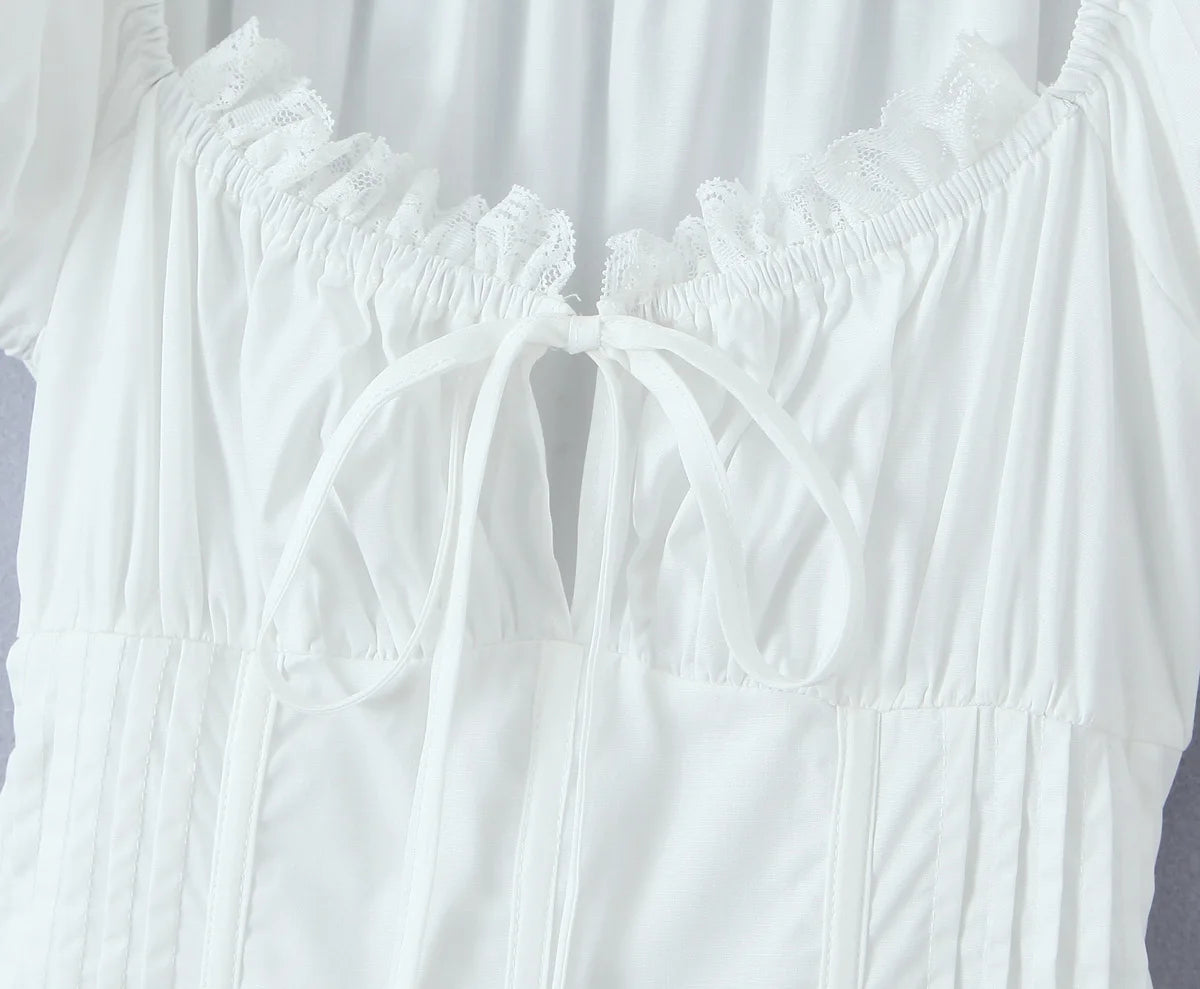 Ingvn  Sweet Women Ruched Chest Fish bow Waist Corset Style Dress Short Sleeve Cross Bandage Lacing up Back Bodycon Mini Party Robe