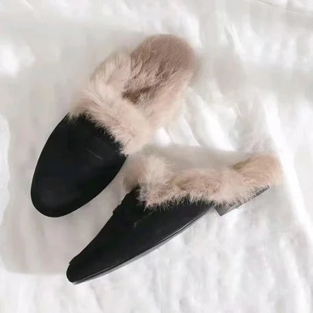 Ingvn  Slip on Simple Shoes Outwear Woman Warm Shoes Mules Natural Suede Flat Shoes for Women SlippersMules Women's Fur Flats Slippers