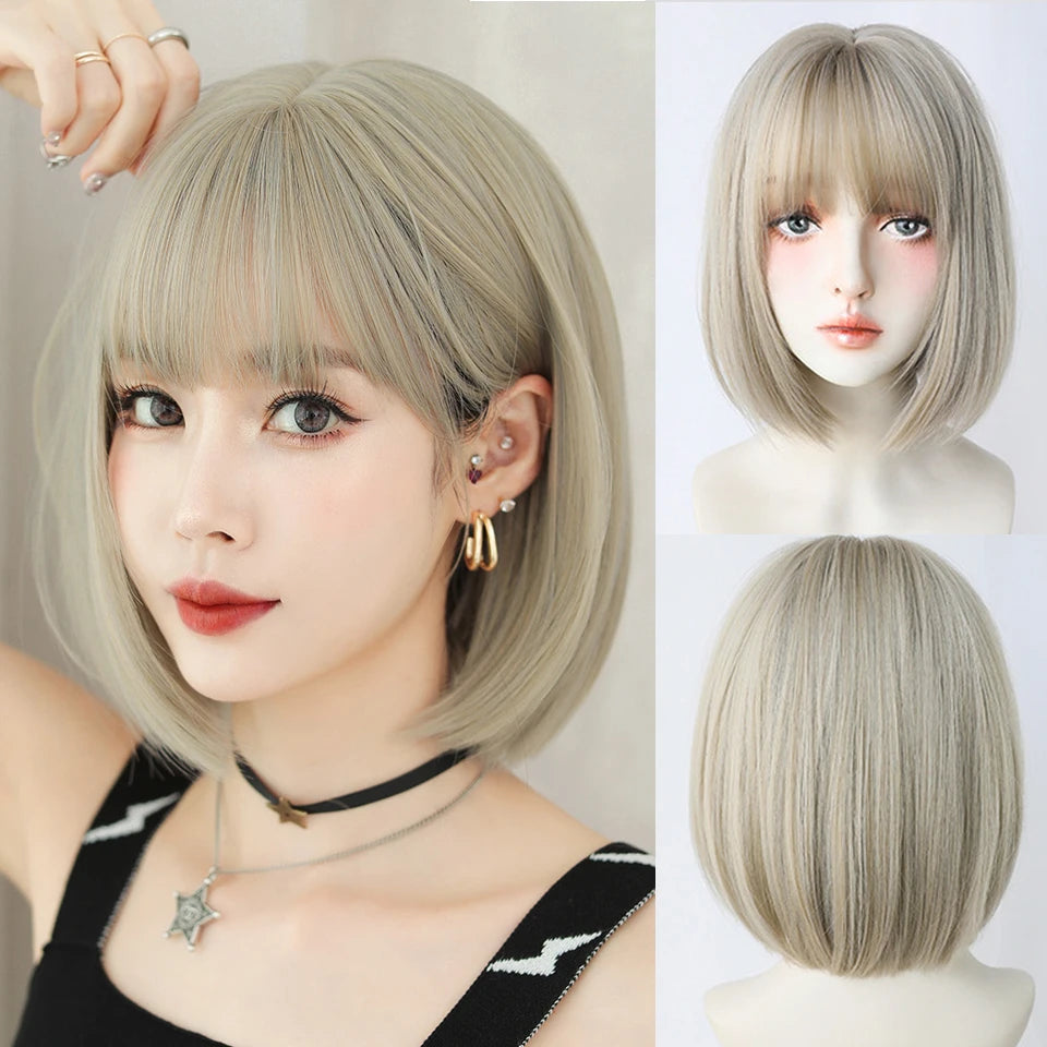 Ingvn  ﻿ Short Brown Straight Synthetic Wig with Bangs Curly Hair Pink Green Lolita Wigs for Women Daily Party Cosplay Christmas Wig