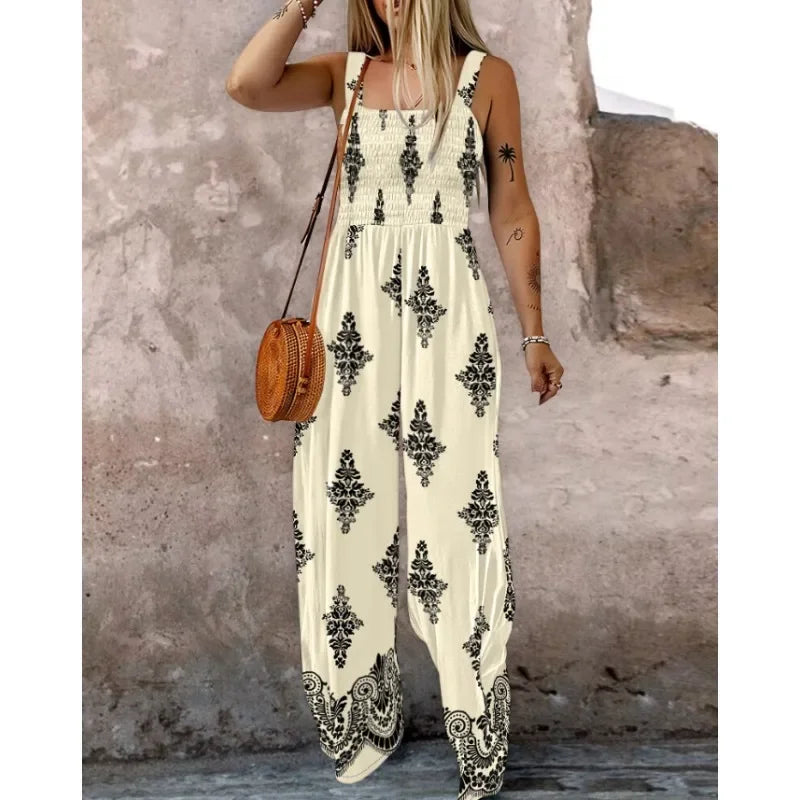 Ingvn  Plus Size New Women Print Sling Sleeveless Jumpsuits Ladies Casual Wide Leg High Waist Casual Loose Rompers