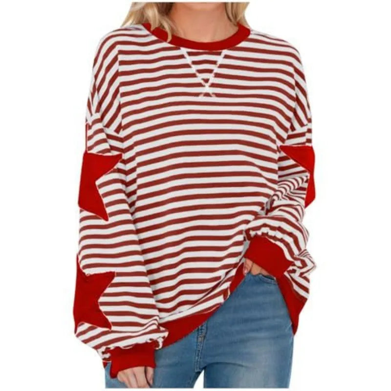 Ingvn - Women Casual Striped Sweatshirt Spring Star Patchwork Round Neck Long Sleeve Loose Pullover Daily Wear