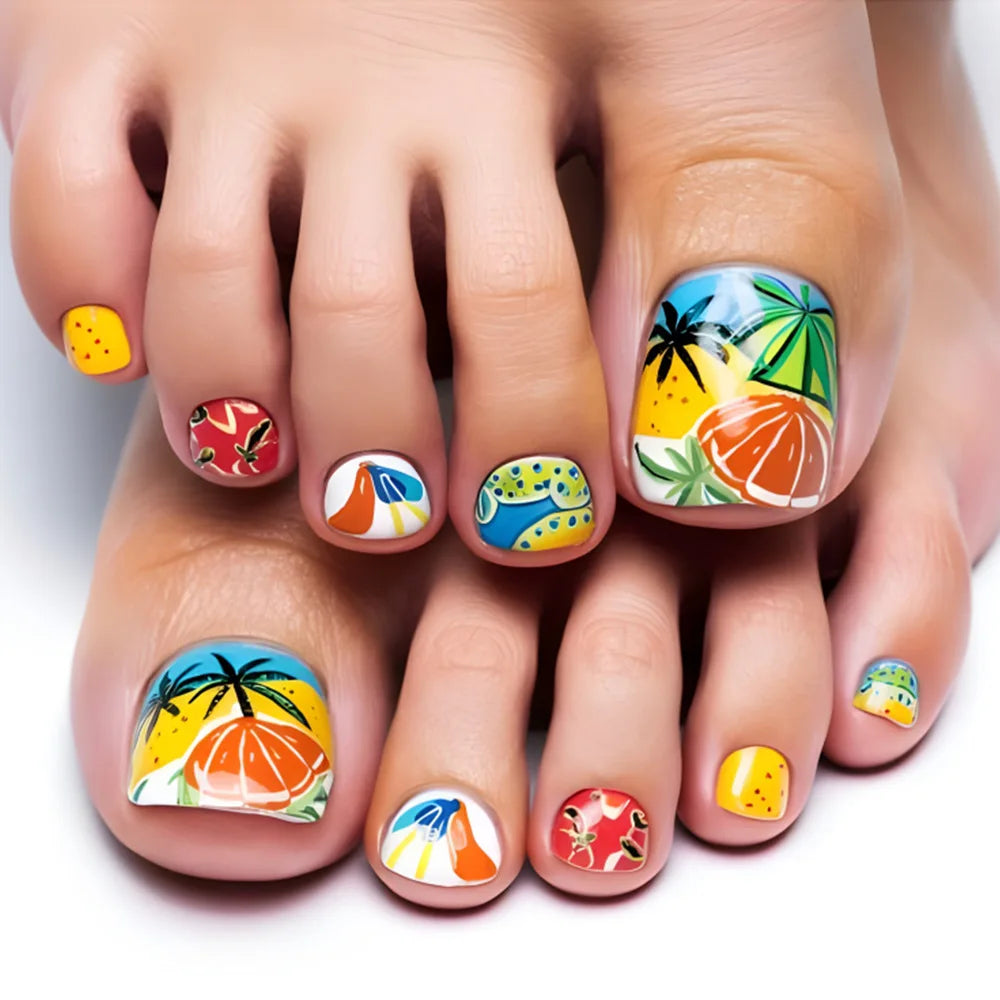 Ingvn  24Pcs Ins Colorful Rainbow Toe Nail Tips Wearable Short Square Head Press on False Nails Glitter Cat's Eye Fake Manicure Summer