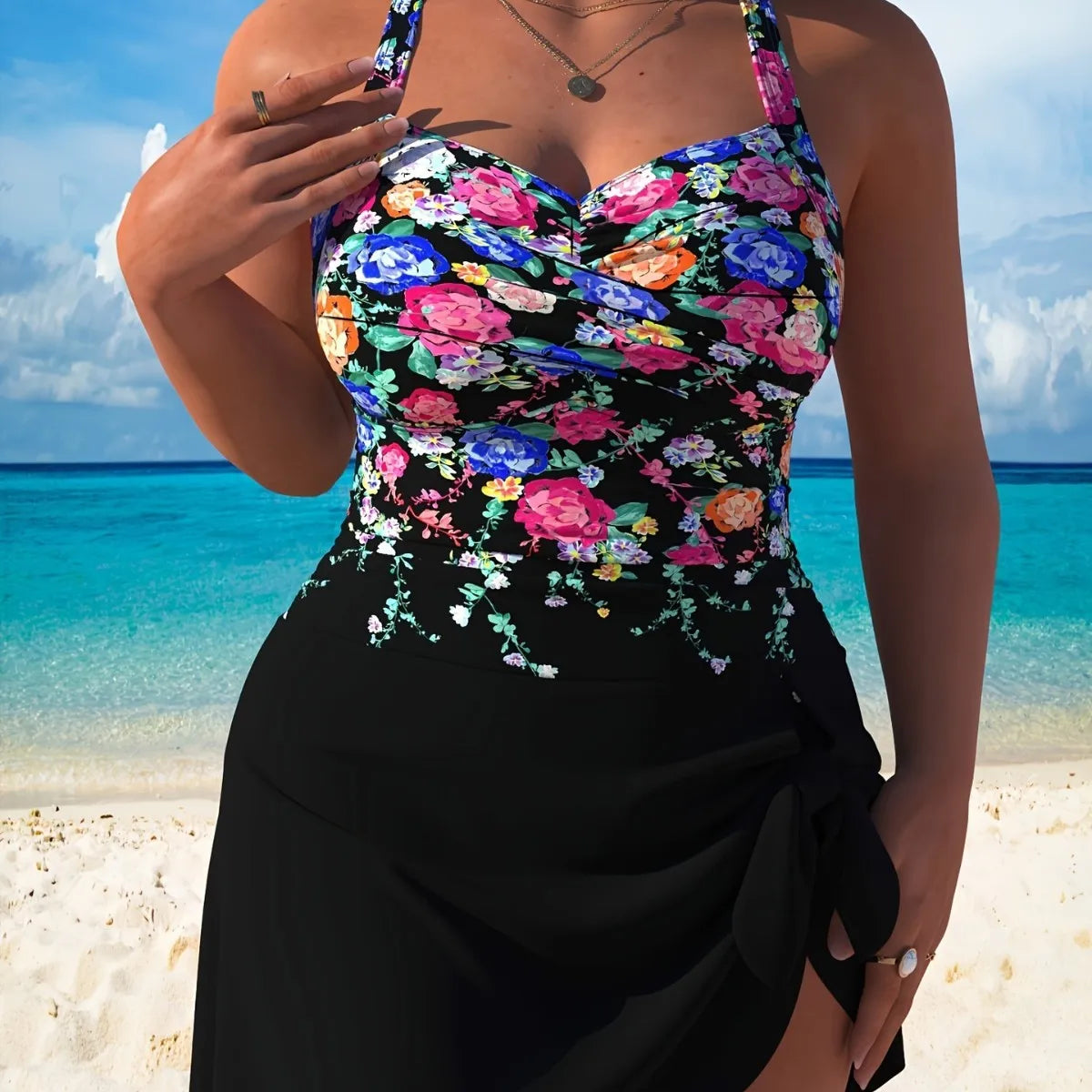 Ingvn  Women Plus Size Swimsuit Halter Neck Swimwear Ruched Bust Swimsuit High Waist Bathing Suit Solid Black Woman Women's Wrap Skirt