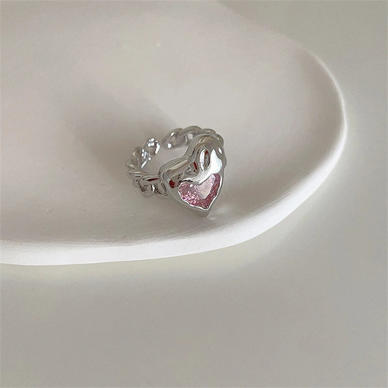 Ingvn  Pink Crystal Irregular Heart Rings Creative Zircon Bowknot Opal Love Heart Open Ring Y2K Shiny Rings for Women Party Jewelry