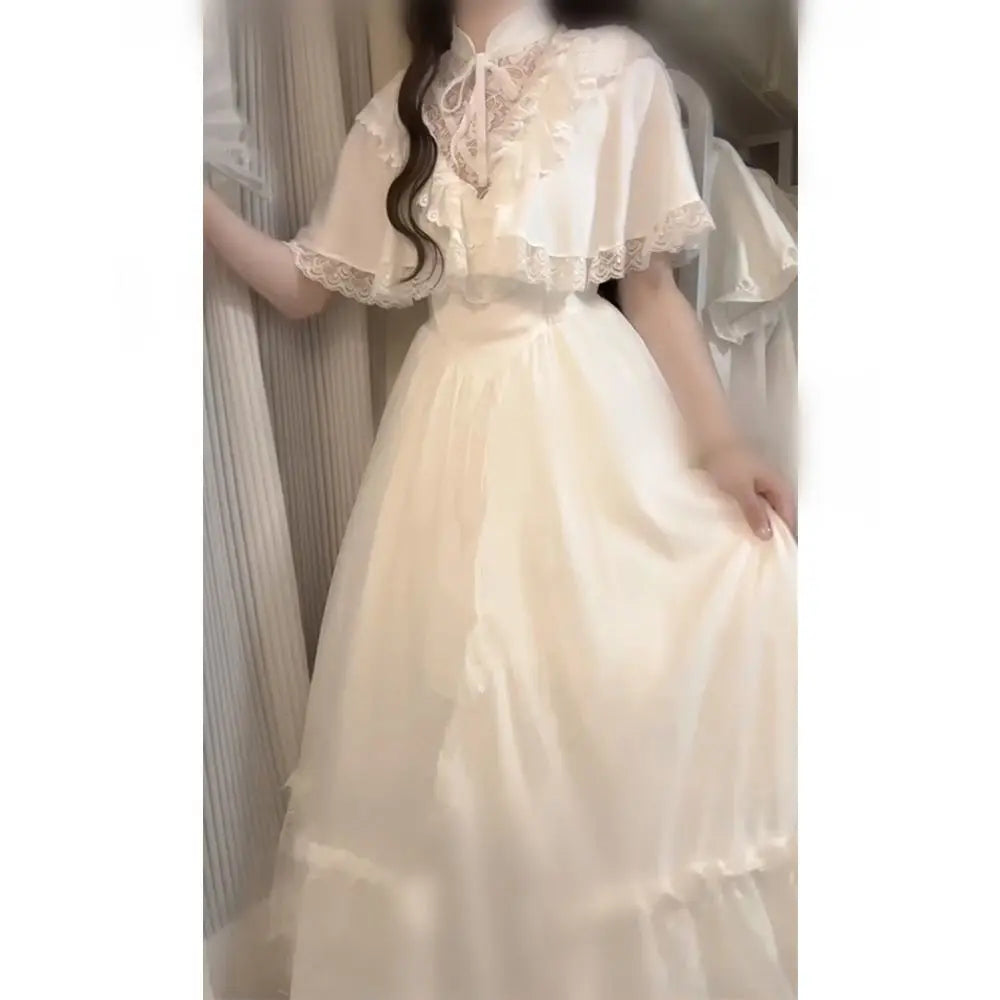 Ingvn  Elegant Vintage Lace White Lolita Dresses Summer Sweet Puff Sleeve Dress for Women New Slim Sweet Midi Dress Vestidos Mujer