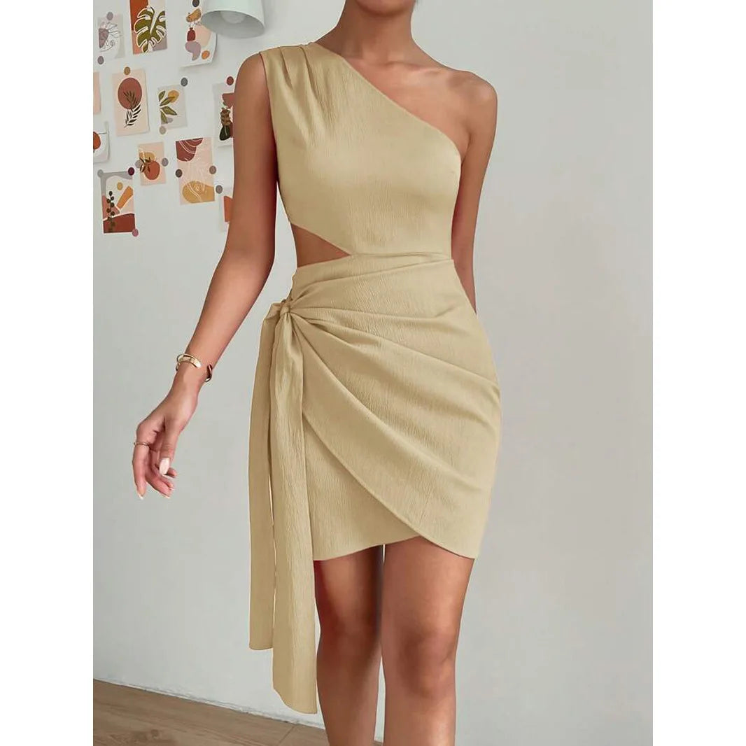 Ingvn  Women's One Shoulder Cutout Wrap Mini Dress Tie Waist Bodycon Party Dress Elegant Clubwear