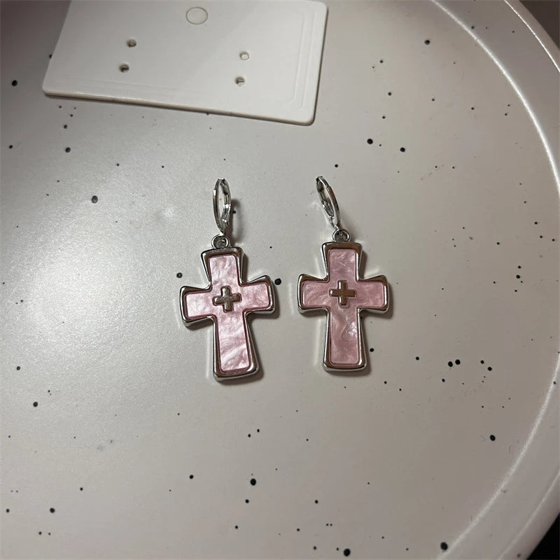 Korean Fashion Pink Crystal Star Heart Cross Earrings for Women Drop Earrings for Piercing Earrings Party Aesthetic Jewelry