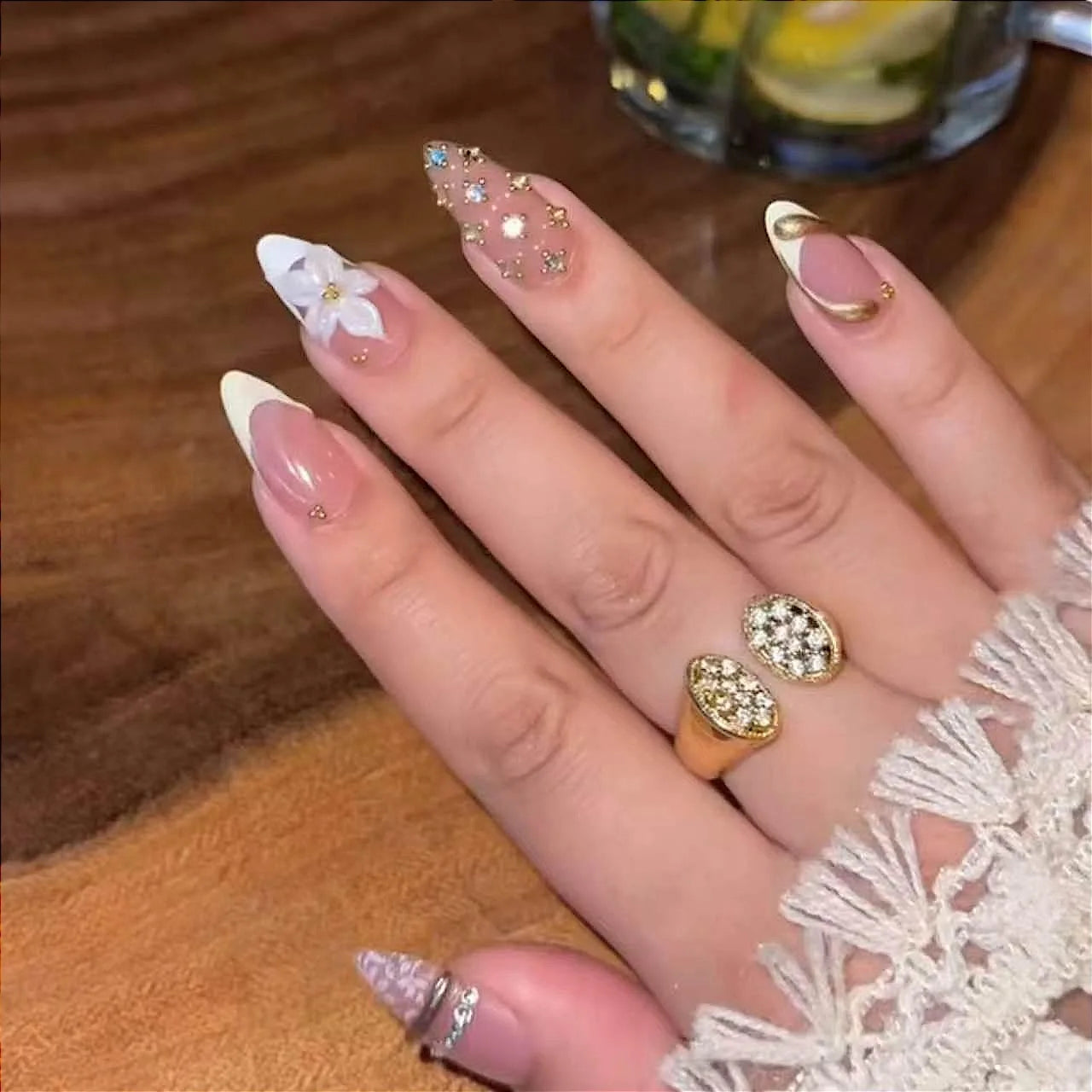 Ingvn  24Pcs Nude Pink Gradient French White Fake Nails Press on Mid-length Almond False Nail with Pearl Gold Chain Polka Dot Nail Tips