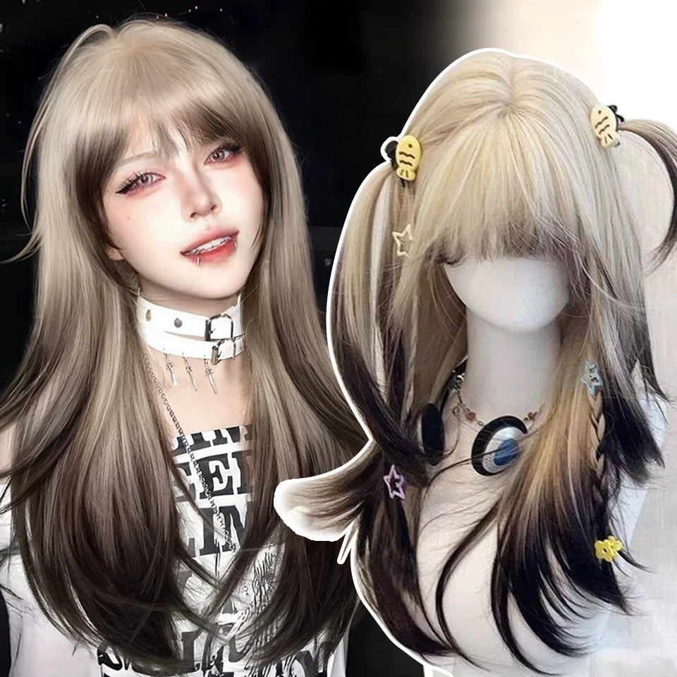Ingvn  Long Wavy Brown Middle Part Wig Synthetic Lolita Wig Natural Cosplay Party Wig Daily Wear Halloween Costume Y2K Orange Wig
