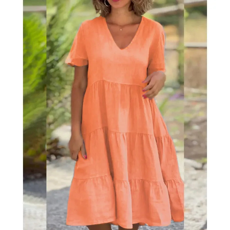 Ingvn  New European and American Summer Women's Clothing Fresh and Sweet V-neck Solid Color Large Sway Casual Skirt Dress