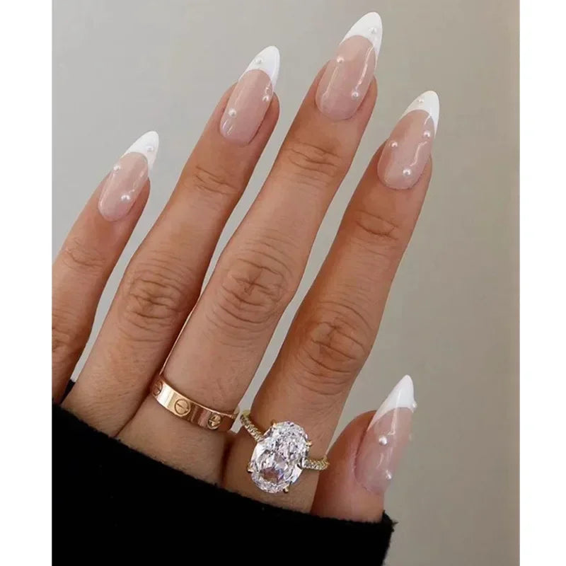 Ingvn  24Pcs Simple Green French False Nails Short Almond Fake Nails with Wave Line Design Wearable Round Head Press on Nail Tips