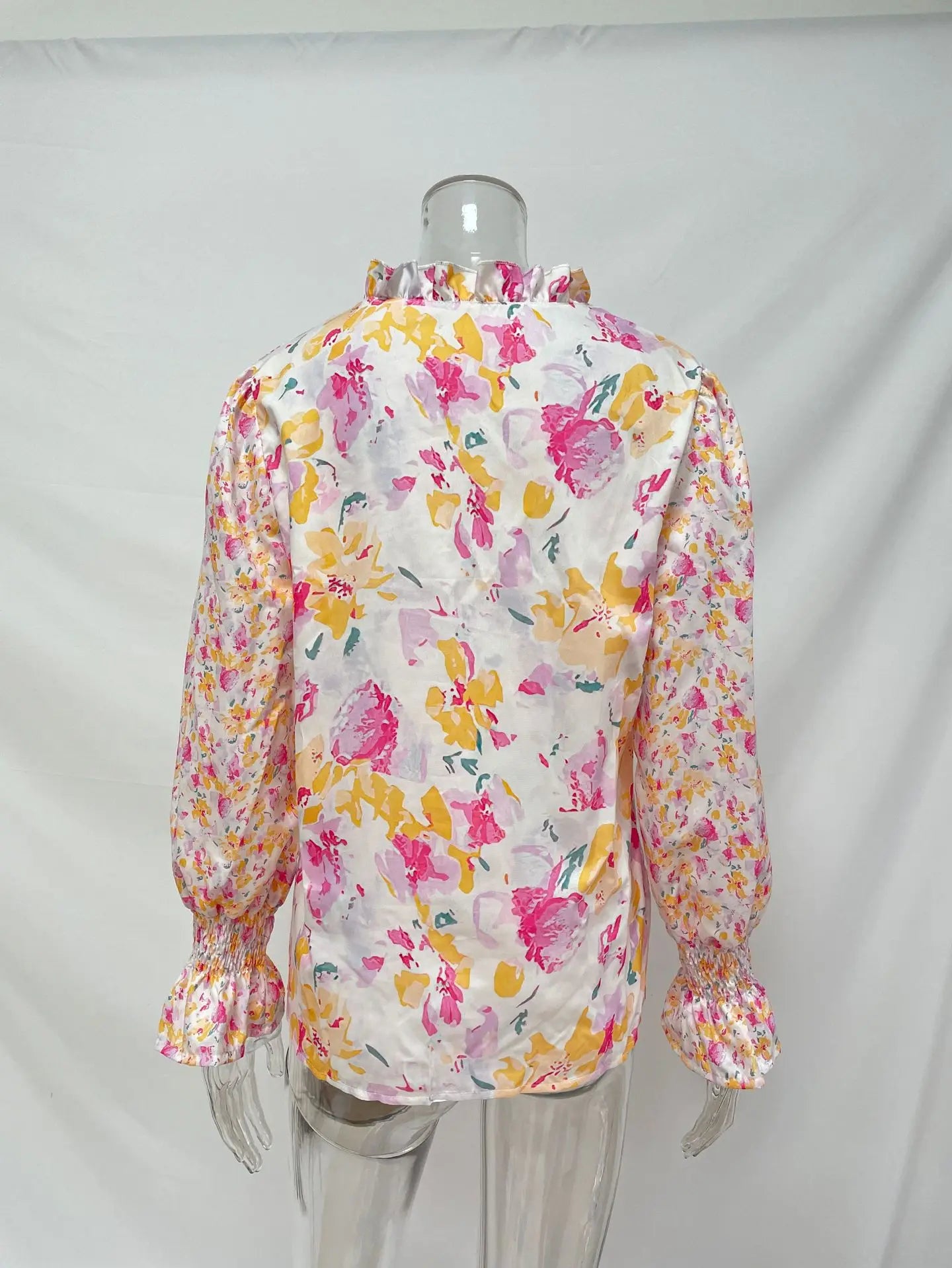Ingvn - Women's Summer Floral Print V Neck Long Sleeve Blouse Ruffle Cuff Button Down Casual Loose Chiffon Shirt