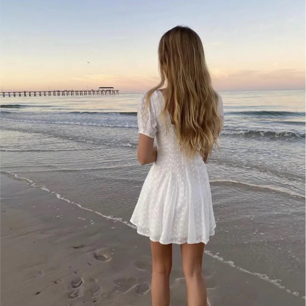 Ingvn  Sweet White Embroidery Hole Stitching Lace Cross Lacing up Short Puff Sleeve Dress Woman French Mini Dresses Holiday Robe