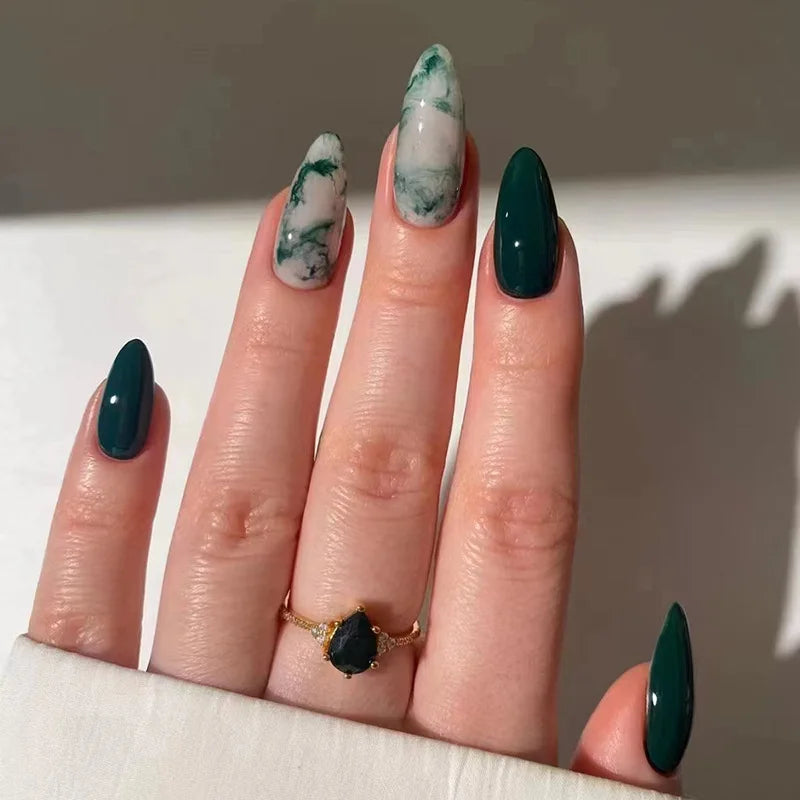 Ingvn  24Pcs Wearable Almond Fake Nail with Halo Stained Purple Design Short Oval False Nails Round Head Press on Nails Full Nail Tips
