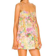 Ingvn  Women Bow Lacing up Sling Robe Holiday BOHO Ruched Chest Orange Flower Print Spaghetti Strap Mini Dress