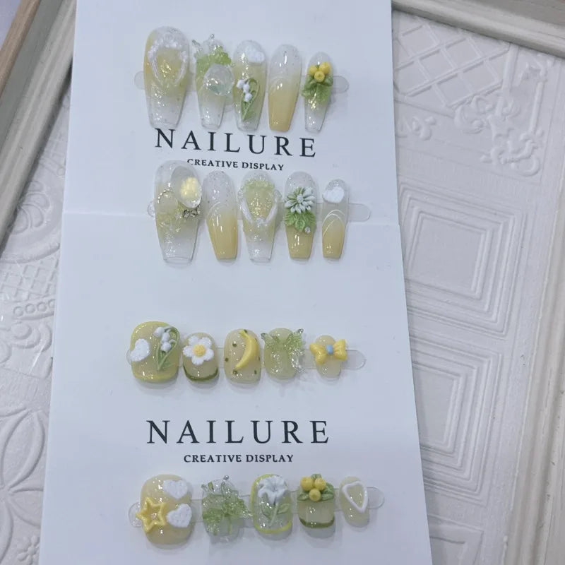 Ingvn  10pcs Handmade Finger Nails Spring Ready-made Artificial Nail Tips 3d Flowers Short False Nails Aesthetic press on Nails