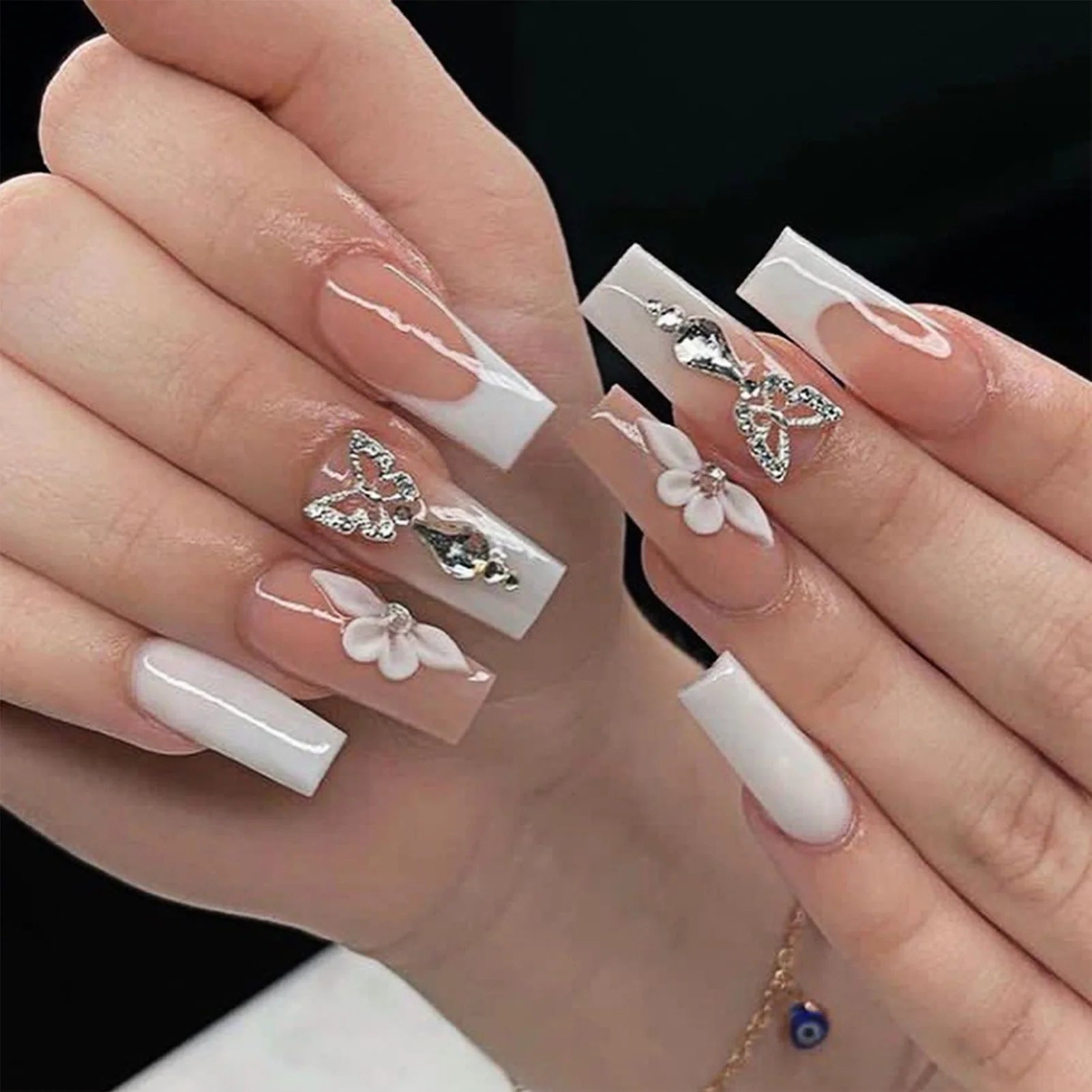 24pcs Y2k Summer Sea Blue Gradient Fake Nails With Water Ripples Designs Long Square Coffin False Nails Set Press On Nail Tips