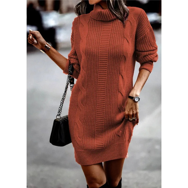 Ingvn  New Autumn Winter Solid Color High Collar Long Sleeve Hip-covered Sweater Women's Dress