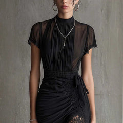 Ingvn  Summer Women Sexy Mesh See Through Mini  Dress Outfit Puff Short Sleeve Dresses Party Club O Neck Elegant Lady Clothes
