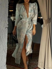 Ingvn  Vintage Printing Dresses for Women Deep Neck Shoulder Pad Wrist Sleeves High Waist Temperament Midi Dress Female