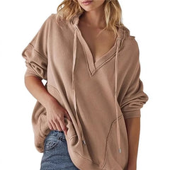 Ingvn - Women Solid Wfle Knit Hoodie V Neck Long Sleeve Loose Casual Pullover Top