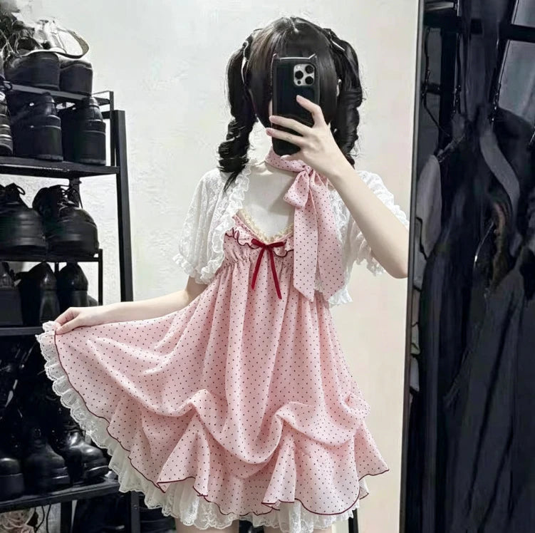 Ingvn  Summer New Harajuku Sweet 2 Piece Set Y2k Dot Strap Mini Dress Tops Lace Cardigan Vintage Style Set Woman Chic