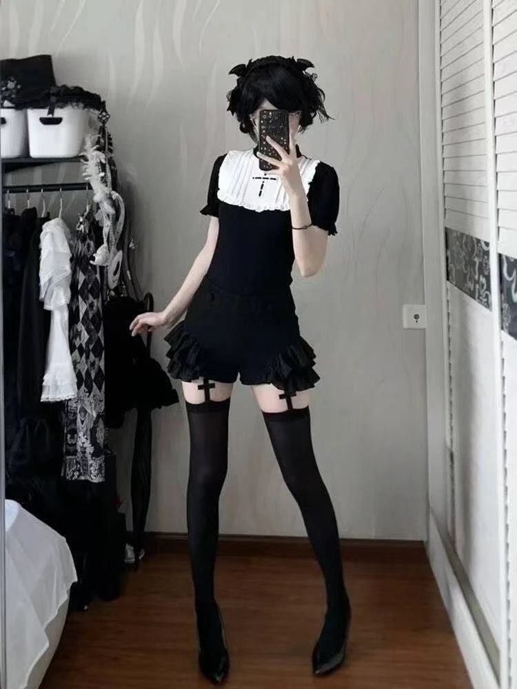 Ingvn  Gothic Vintage Two Piece Suit Women Japanese Lolita Slim Tops High Waist Black Shorts Y2K Girls Party Set chic