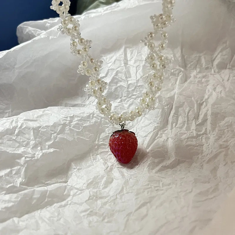 Ingvn  Handmade love necklace, sweet romantic pearl strawberry pendant necklace lovely necklace cute necklace necklace for women y2k