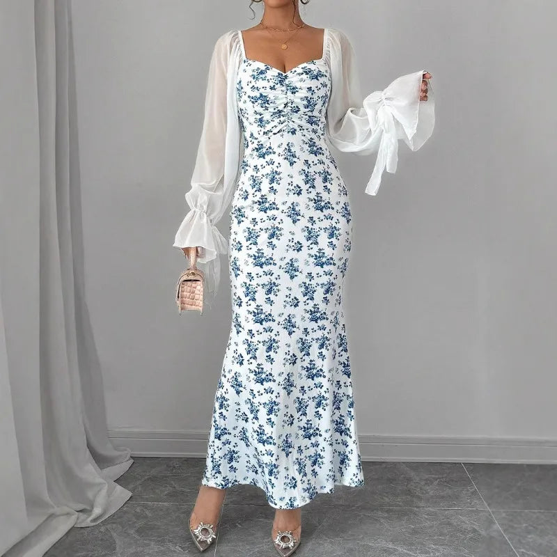 Ingvn  Women's Long-sleeved V-neck Dress Chiffon Patchwork Knitted Printed Hip-hugging Long Skirt