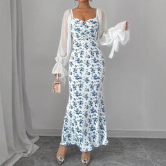 Ingvn  Women's Long-sleeved V-neck Dress Chiffon Patchwork Knitted Printed Hip-hugging Long Skirt