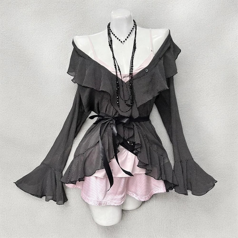 Ingvn  Japanese Kawaii Shorts Sets Casual Cardigan Sweet Print Strap Tops Harajuku Y2k Shorts Female Elegant Lolita Outifits Set