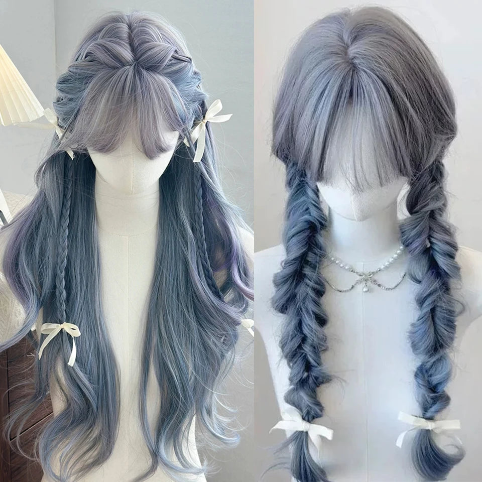 Ingvn  Long Wavy Pink Wig with Bangs Synthetic Cosplay Natural Lolita Purple Green Wig Halloween Costume Wig for Women Daily Wear