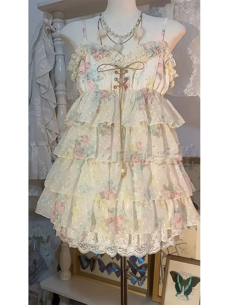 Ingvn  Y2k Sweet Lolita Floral Mini Dress Outfits Women Japanese Vintage Ruffle Dress High Waist Kawaii Cute Casual Dress Chic