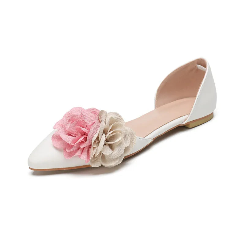 Ingvn  Sweet Flowers Mixed-colors Women Flats Pumps Spring Summer Fashion Satin White Low Heeled Elegant Pointed Toe Ladies Dress Shoes