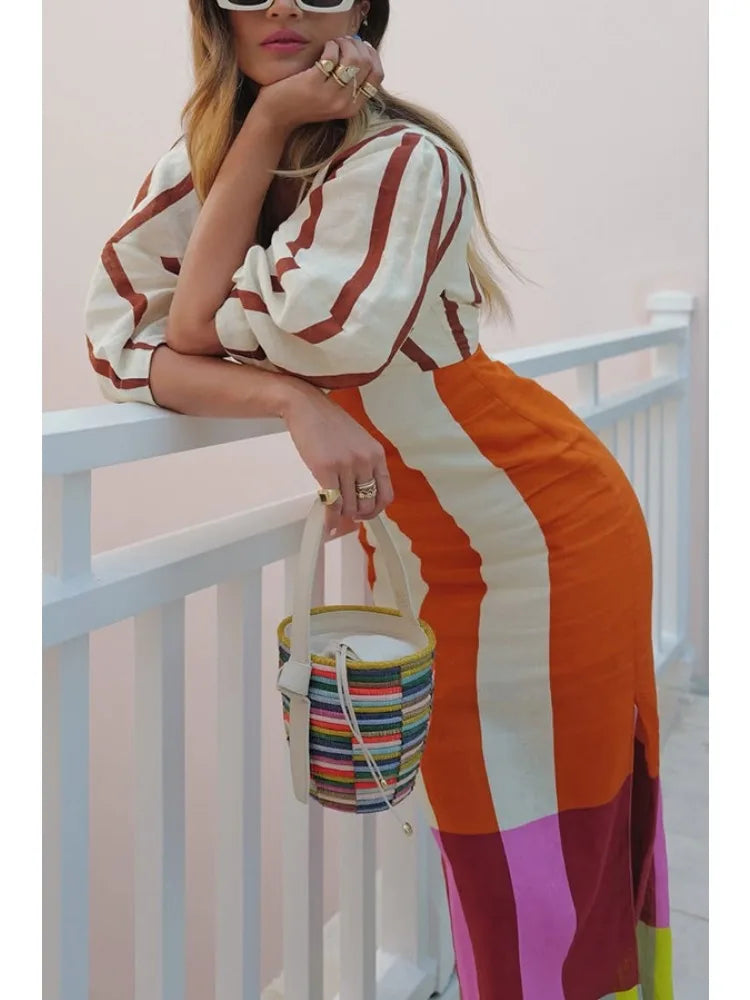 Ingvn  Women Fashion Linen Material  Fashion Chic Print Long Party Dresses Sexy V-neck Hollow Out High Waist Party Dress Lady Robes