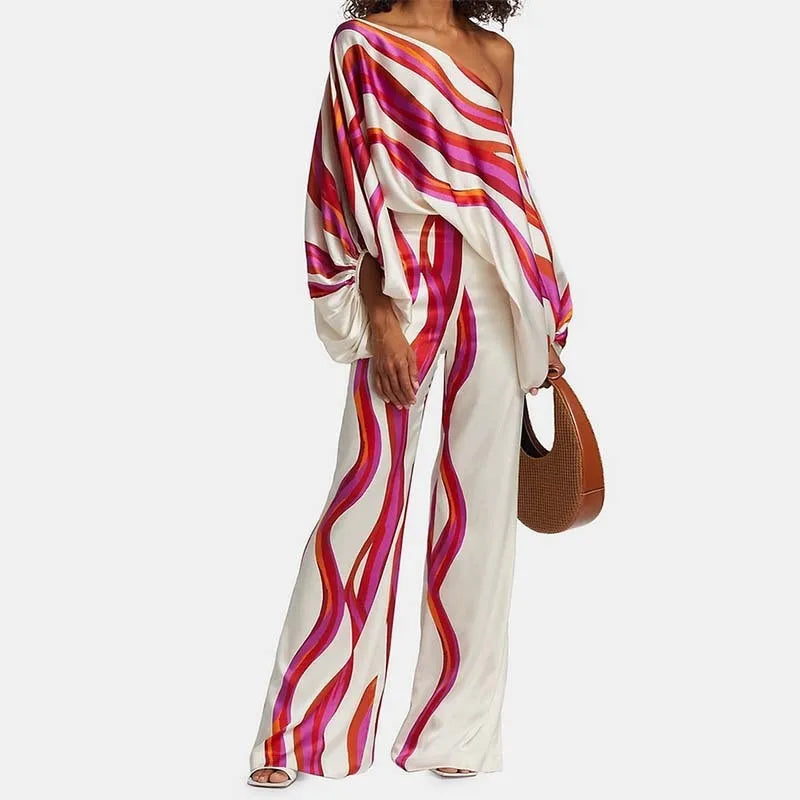 Ingvn  Spring Women's Clothing Floral Off Shoulder Loose Batwing Sleeve Wide Leg Pants Set Polyester Elegant Comfortable Casual Wear