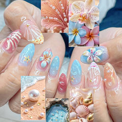 Ingvn  24Pcs White Gradient Almond Fake Nails with Pearl Short Finished Press on Nails Sweet Flower Full Cover False Nails for Women