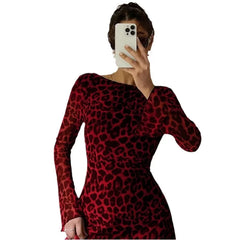 Ingvn  Women Leopard Print Mesh Mini Dress Long Sleeve Backless Bodycon Party Dress