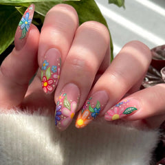 24pcs Spring/Summer Flowers Fake Nail Colorful flower Pattern False Nails Full Cover Wearable Sweet Korean Almond Press On Nails