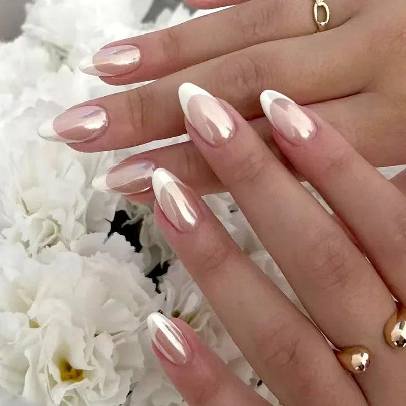 Ingvn  24Pcs Simple Green French False Nails Short Almond Fake Nails with Wave Line Design Wearable Round Head Press on Nail Tips