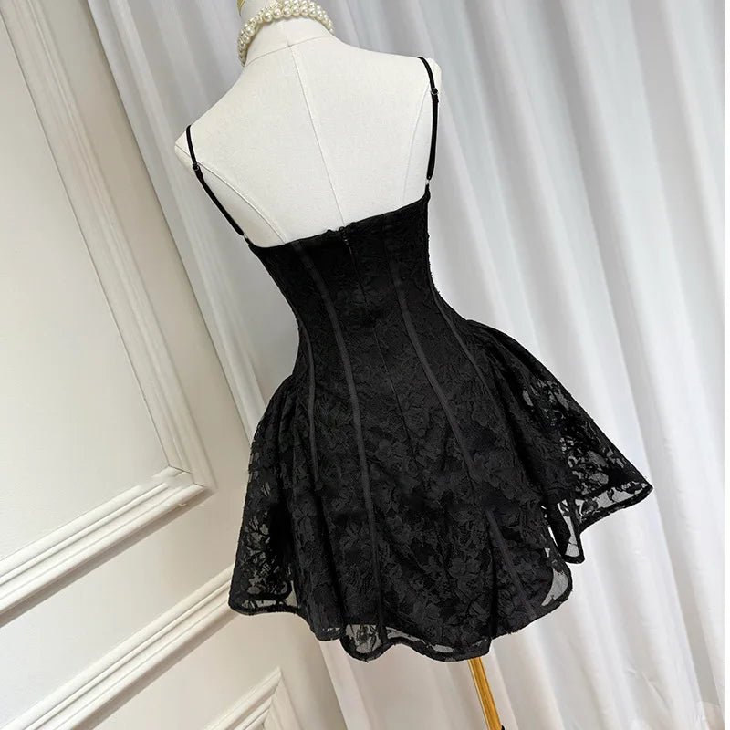 Ingvn  French Elegant Fashion Celebrity Rhinestone Brooch Fluffy Lace Short Dress Sleeveless Backless Birthday Party Dresses For Women
