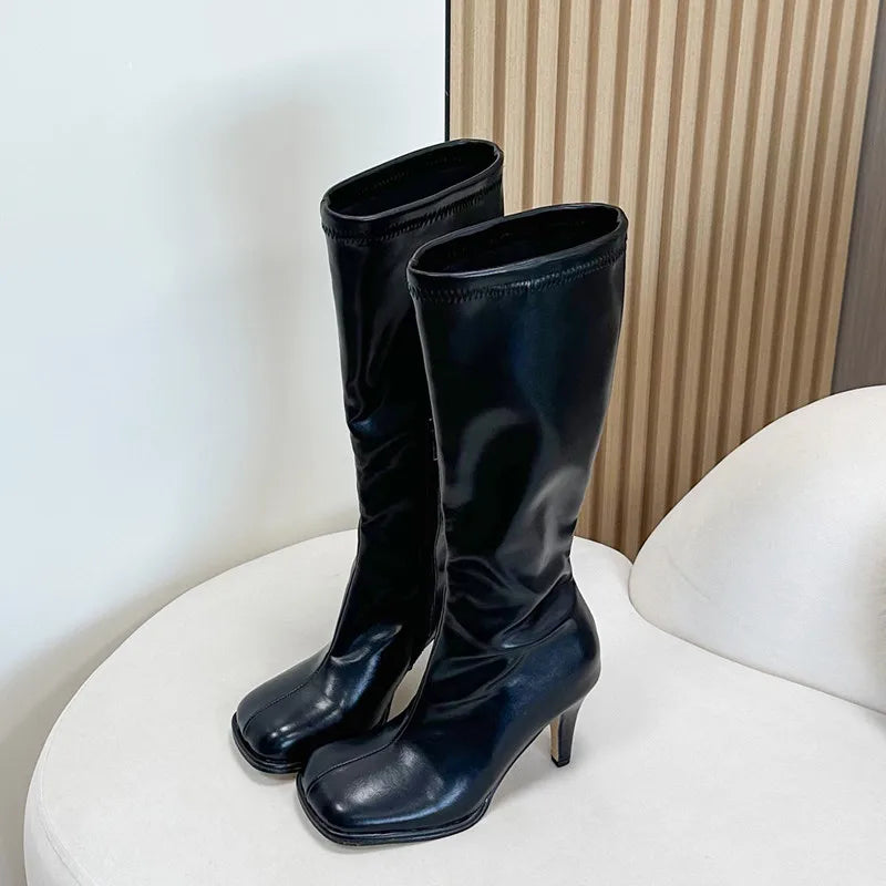 Ingvn - Ins Style Fashion Square Toe Stretch Leather Platform Women Knee-High Boots Autumn Winter High Heels Punk Motorcycle Boots Shoes