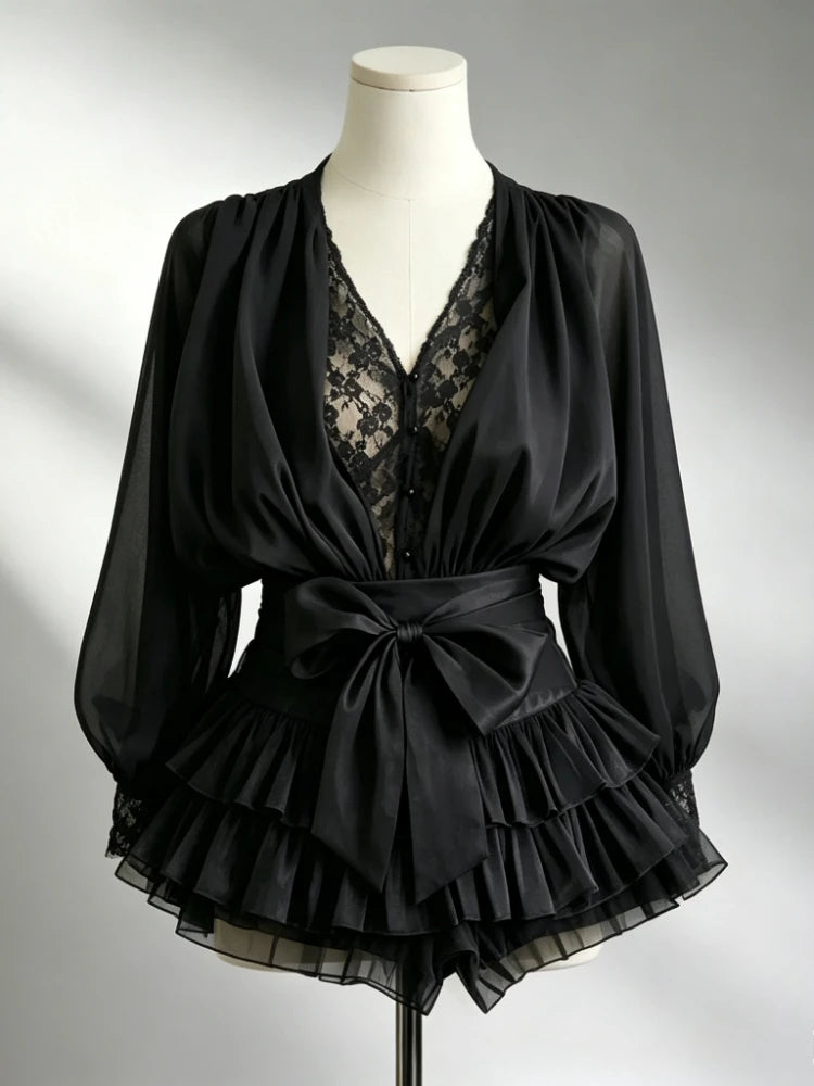 Ingvn  French Elegant Vintage Black Chiffon Dress Long Sleeve V Neck Autumn Women Sweet Dress Casual Holiday Evening Party Wear